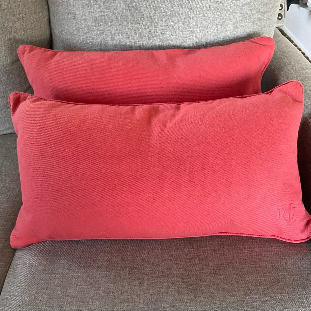 Ralph Lauren Red Cotton Lumber Pillowcases with Feather Pillows Set of 2